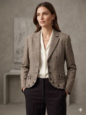 Worth Plaid Scalloped-Hem Blazer in Brown & Cream